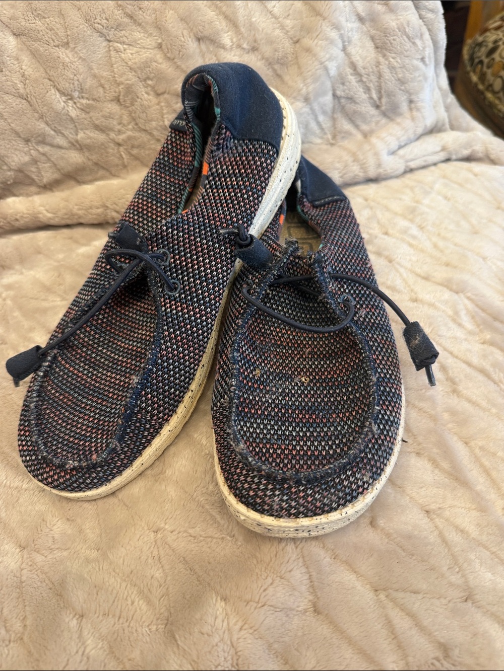 Hey Dude Navy Multi Knit Slip-On Sneakers for adults